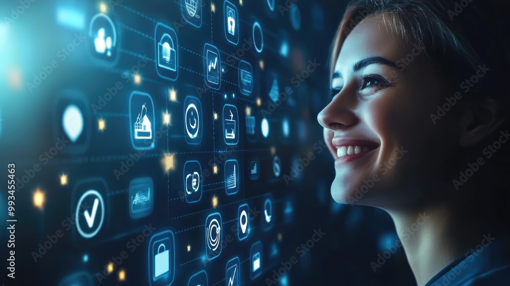 Poster smiling woman with futuristic interface featuring digital icons and graphs