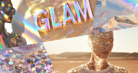 Fashion moodboard. Holographic gold aesthetic.