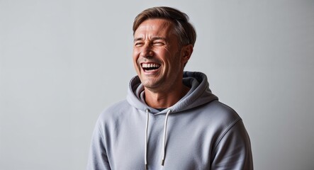 Obraz premium Laughing middleaged Caucasian man with short hair wearing hoodie on plain white background