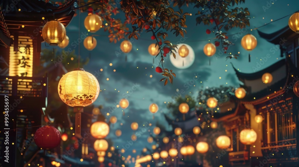 Poster many lanterns hung from the branch of a tree, creating a warm and cozy atmosphere