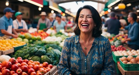 Obraz premium Laughing middleaged Hispanic woman wearing a blouse in a bustling farmer’s market