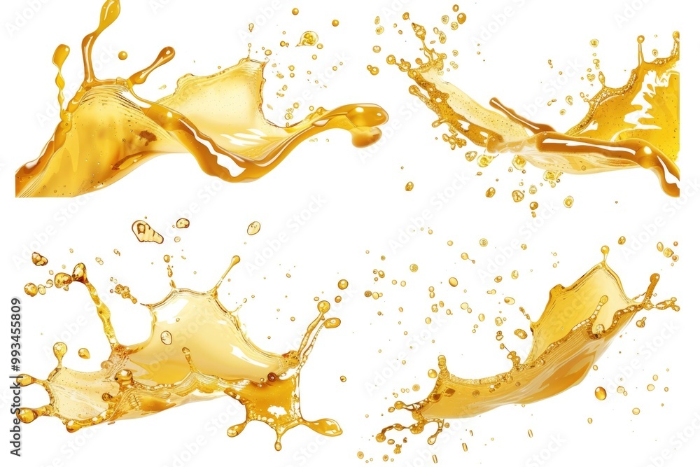 Poster a close-up shot of various liquid splashes on a clean white surface, suitable for use in science or 