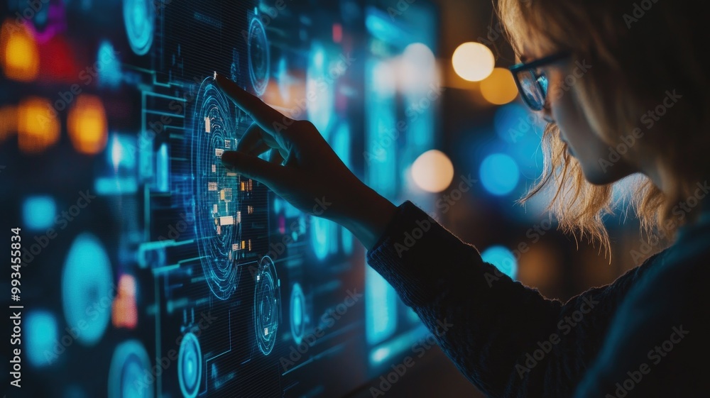 Aufkleber woman interacting with futuristic digital holographic interface displaying complex data