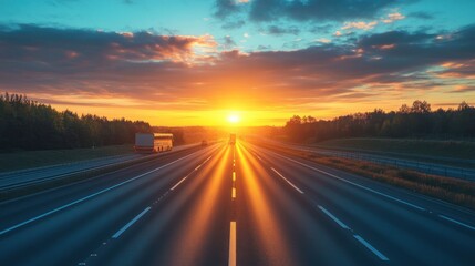 Obraz premium Empty Highway at Sunset with Sun Rays and Vehicles