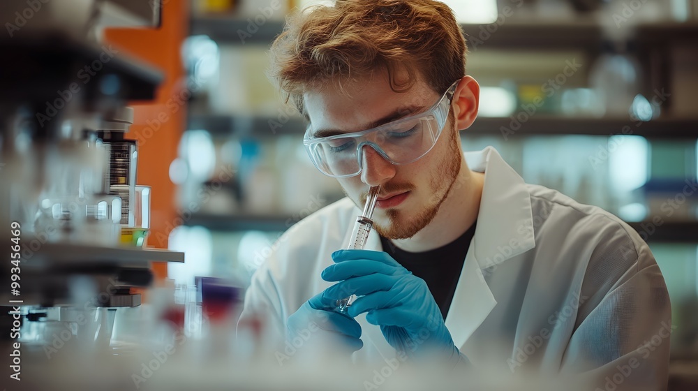 Poster a scientist in a lab coat and gloves using a syringe
