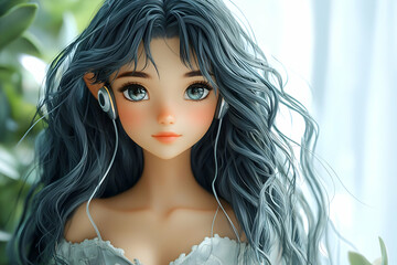 Fototapeta premium A close-up portrait of an anime girl with blue hair and big eyes. She's wearing headphones.