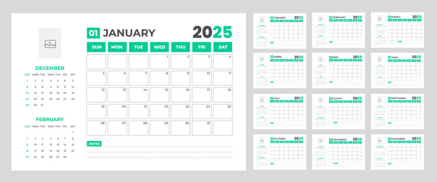 corporate Monthly pages Planner Calendar  Templates 2025 set. wall or desk simple 2025 Planner Calendar bundle with week start on Sunday. Set of 12 Months 2025 Wall quarterly calendar design.