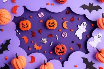 Pumpkins, bats, and candies on a purple background