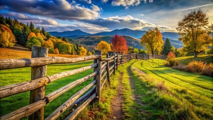 Obraz premium Rustic Wooden Fence in Natural Setting Enhancing the Charm of Countryside and Outdoor Spaces