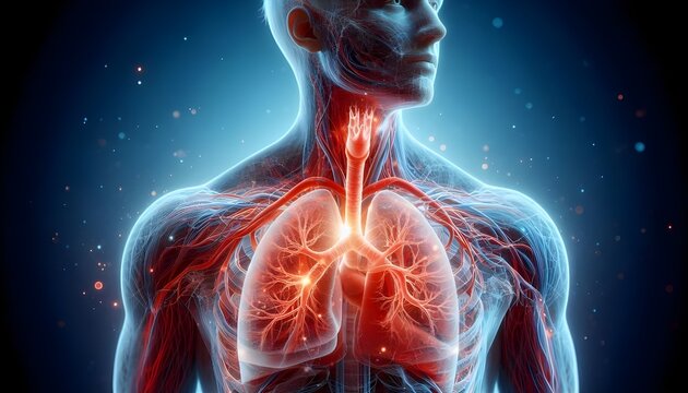 Human lungs. Cancer and respiratory diseases of the pulmonary system. The science of pulmonology in the treatment of tuberculosis, asthma and bronchitis. 3D organ with a red and blue background.