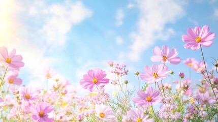 Fototapeta premium Spring flowers fly on a blue sky background. Beautiful pastel pink flower arrangement. Summer wallpaper