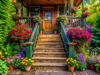 Rustic Wooden Front Porch Steps Leading to a Charming Home Surrounded by Lush Greenery and Flowers