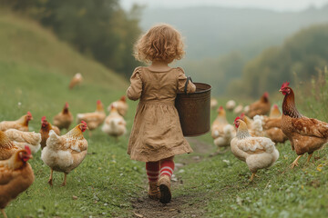 A little girl in overalls carries an old bucket and leans out of it, chickens peck at the ground nearby, grassy meadow background.