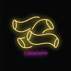 Glowing neon icon of cavatappi, an italian pasta variety, illuminated against a dark background