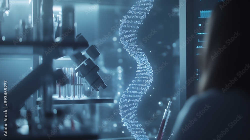 Poster scientist studying a digital dna structure in a laboratory setting