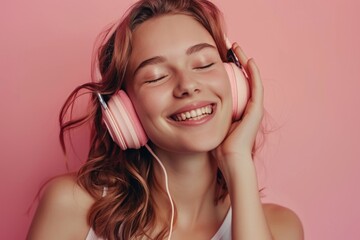 Fototapeta premium A woman wearing headphones smiles and has her eyes closed, possibly listening to music or relaxing