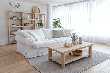 Fototapeta premium A modern living room photo of a Scandinavian interior and mid-century modern interior combination with interior decorations on a wood shelf and a white sofa and wood table. Generative AI 