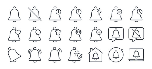 Bell notification editable stroke outline icons set isolated on white background flat vector illustration. Pixel perfect. 64 x 64.