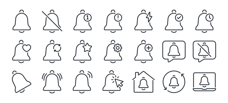 Bell notification editable stroke outline icons set isolated on white background flat vector illustration. Pixel perfect. 64 x 64.