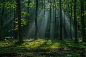 Obraz premium A serene forest scene with sunlight filtering through the trees