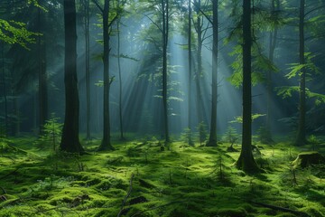 Obraz premium A serene forest scene with sunlight filtering through the trees