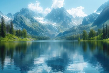 Fototapeta premium A serene mountain landscape with a calm lake reflecting the surrounding peaks 