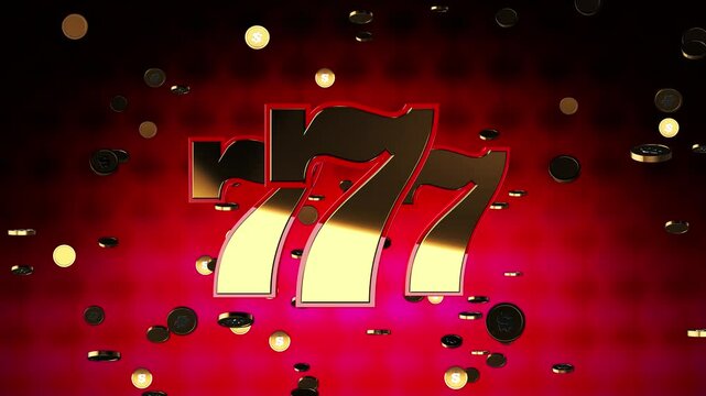 3D animation of Jackpot slots machine with flying coins and red shiny background. 777 jackpot symbol on slots.