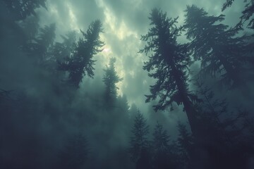 An atmospheric shot of a foggy forest with towering trees