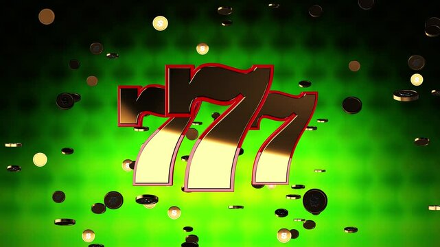 3D animation of Jackpot slots machine with flying coins and green shiny background. 777 jackpot symbol on slots.
