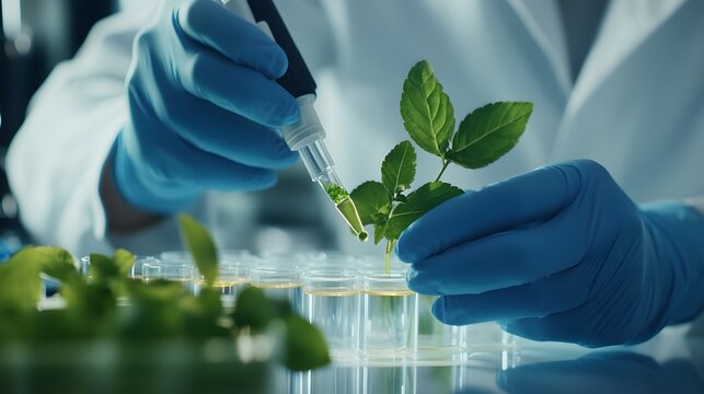 Scientist in blue gloves examining a plant with a pipette