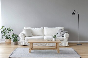 Photographed a modern residential living room designed with a combination of mid-century modern interiors and Scandinavian interiors. Generative AI
