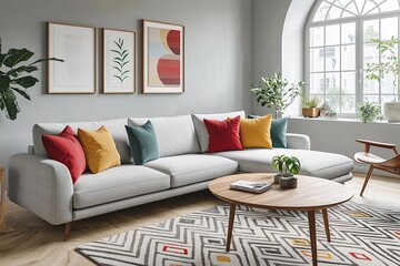 An interior photo of a living room with a combination of Scandinavian interiors and mid-century modern interiors, with white walls hanging with art frames and sofas and tables. Generative AI
