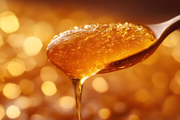 Close-Up of Honey Dripping from Spoon: Golden Liquid Curves Against Warm Background