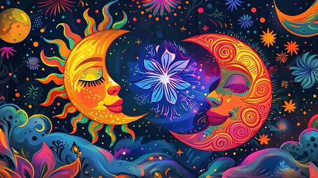 A vibrant cosmic dance between sun and moon under the starlit night sky