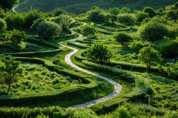 A meandering path surrounded by dense greenery, perfect for outdoor adventures and nature photography