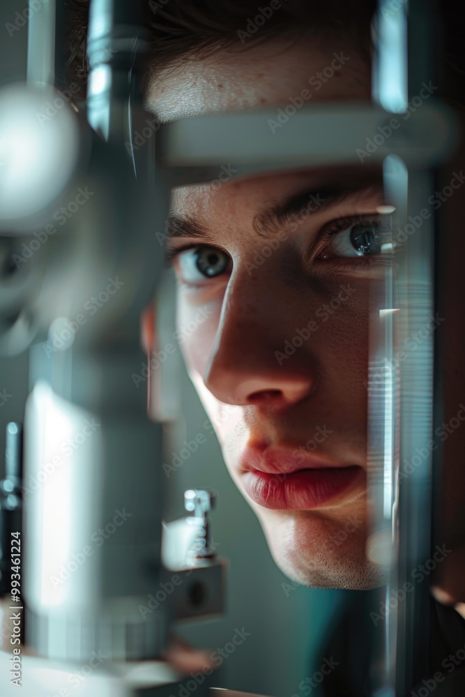 Poster close-up view of a person inspecting machinery, with details on the device and their expression