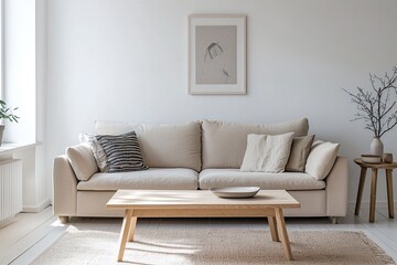 Naklejka premium Photograph of a current residential living room with a combination of Scandinavian interiors and mid-century modern interiors. Generative AI 