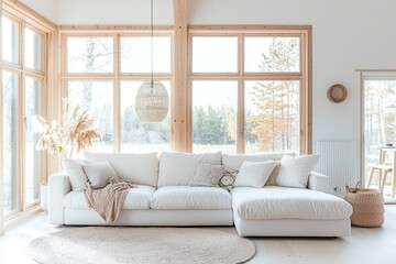 Fototapeta premium A modern interior photograph combining Scandinavian and mid-century modern interiors in a living room with a view of a wooden window frame. Generative AI 