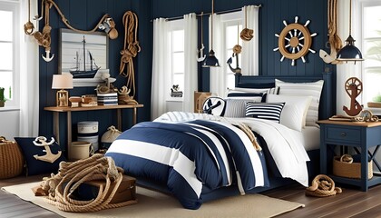sea-inspired bedroom with navy blue and white tones, striped bedding, anchor decor, and wooden furniture. Add maritime elements like ropes, ship wheels, and ocean-themed artwork for a nautica