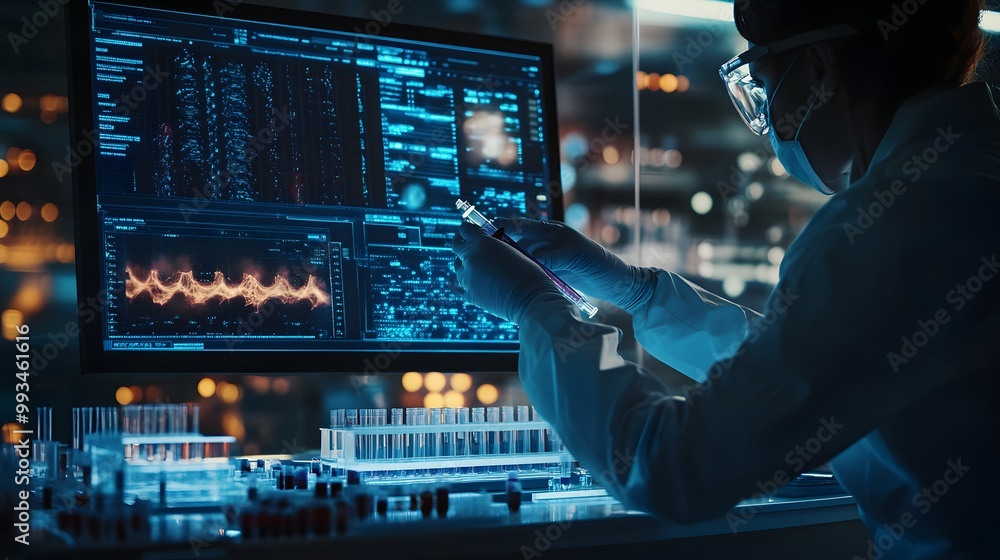 Poster scientist analyzing data and examining a test tube in a laboratory