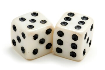 Rolling dice with black spots on a white background