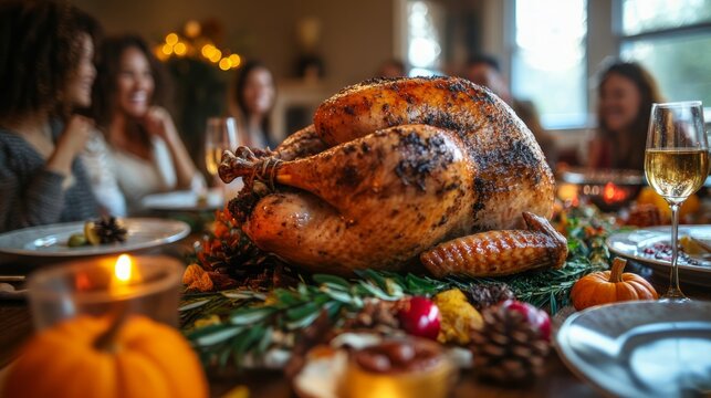 Thanksgiving traditions, multicultural friends and family gathering at festive table with turkey
