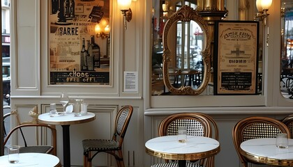 interior of a cafe A chic, Parisian-themed cafe with marble-top tables, bistro chairs, ornate mirrors, and soft lighting. Incorporate vintage French posters and a black-and-white color