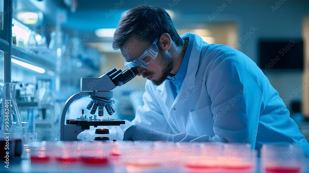 Poster scientist examining a sample under a microscope in a laboratory