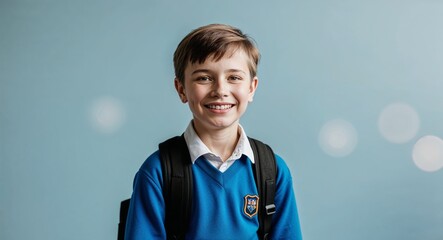 Smiling young Caucasian boy with short brown hair wearing school uniform on plain light blue background