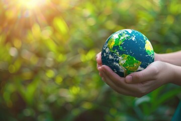 A person holds a small globe representing the Earth in their hand, symbolizing connection and care...