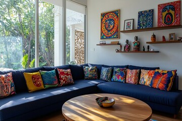 A photo of a mid-century modern interior living room with colorful cushions and art frames and ornaments on a shelf. Generative AI
