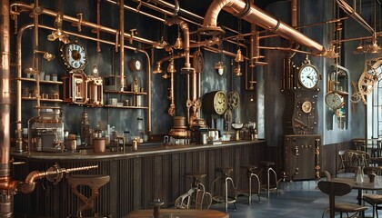 old tools unique, steampunk-themed cafe with exposed copper pipes, vintage clocks, gears, and dark wood furniture. Incorporate industrial elements and Victorian-inspired decor for a distinctive