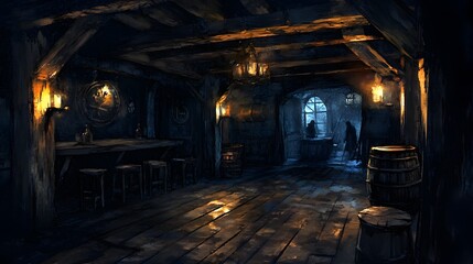 A dimly lit pirate tavern casts long eerie shadows across the wooden floor, as lanterns flicker faintly. The watercolor style softens the rough textures of the wooden beams and creaky floorboards, 