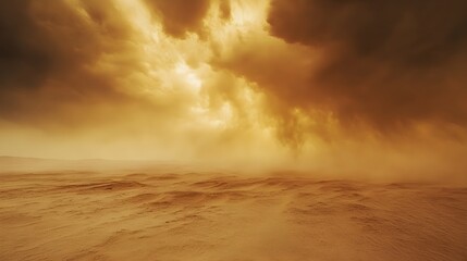 A dramatic scene captures a sandstorm sweeping across a barren desert landscape, with swirling clouds of golden sand obscuring the horizon. The harsh weather creates a gritty atmosphere, as 